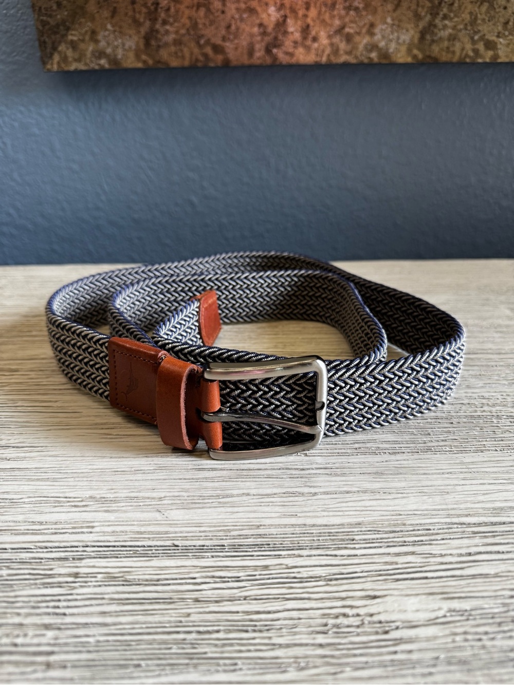 Tommy Bahama Navy & White Braided Elastic Belt with Brown Leather Trim